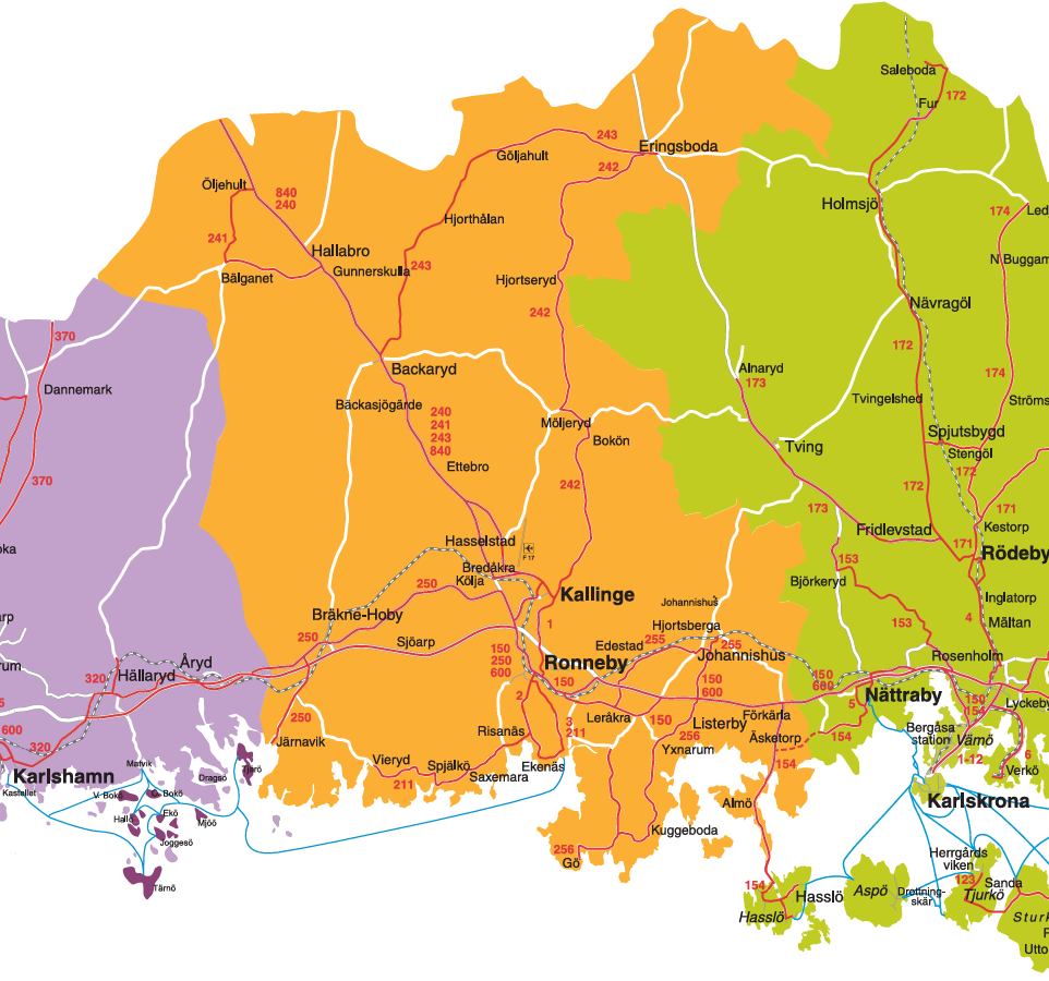 Karta med på Ronneby kommun som visar zongränser, hållplatser och busslinjer som går över kommungränserna.