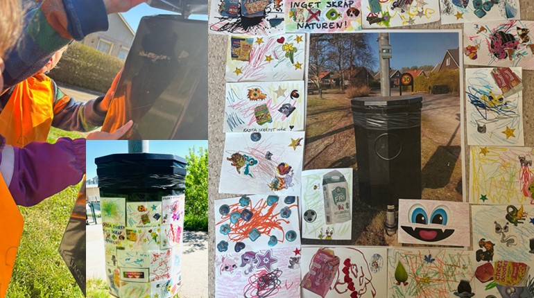 Kollage av tre bilder som visar soptunnor med barnteckningar på och barn som pekar på en soptunna.
