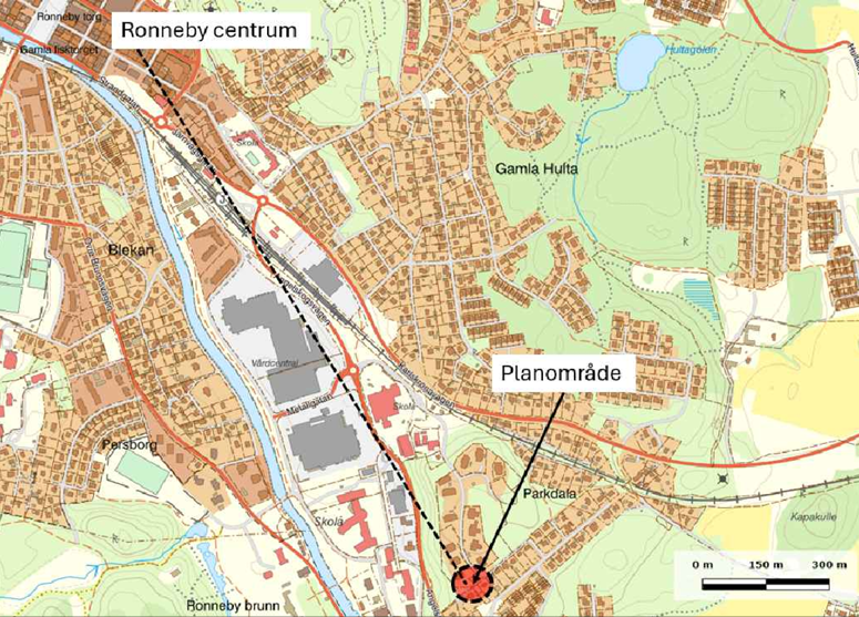 En karta som översiktligt visar planområdets läge i förhållande till Ronneby stad.