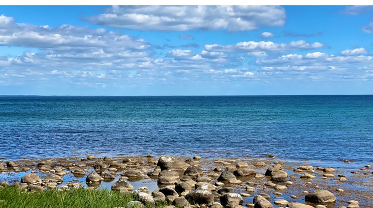 Vy över Hanöbukten. Vita moln på blå himmel. Blått vatten. Stenar och gräs vid strandkanten.