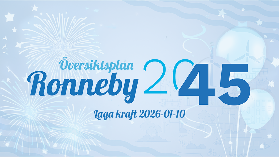 En illustration med texten Översiktsplan Ronneby 20245 laga kraft 2026-01-10 samt ballonger och fyrverkerier.