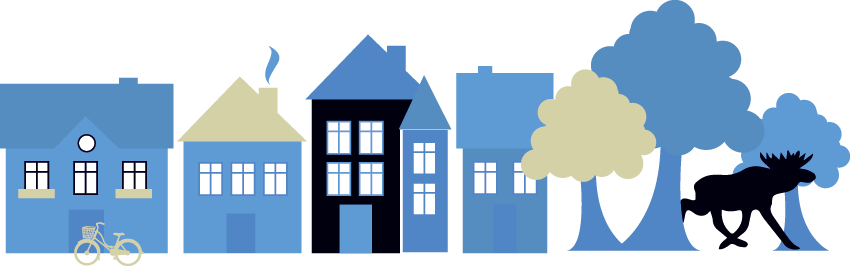 Tecknad bild i blåa toner med hus på rad som illustrerar gamla byggnader i Ronneby, en älg i svart siluett och träd, en lekfull illustration