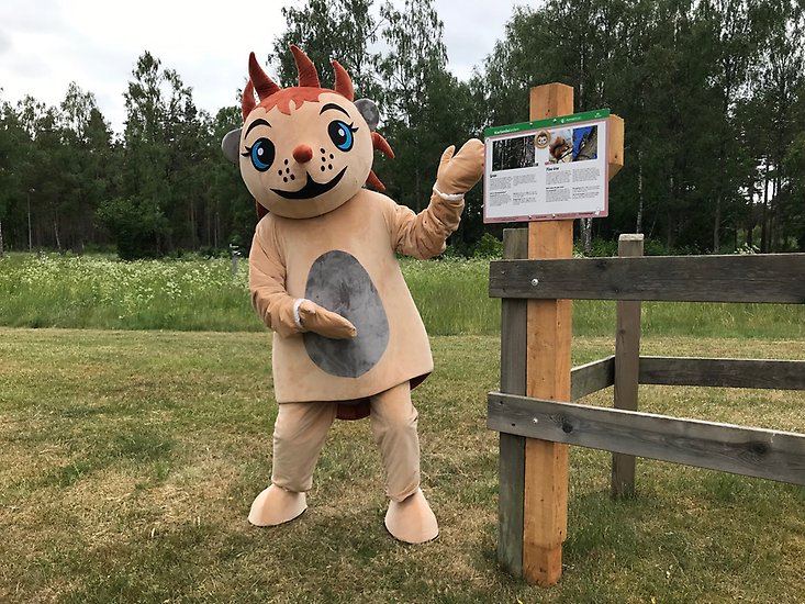 Maskoten Hedda visar upp en av sina skyltar längs RonnebySlingor